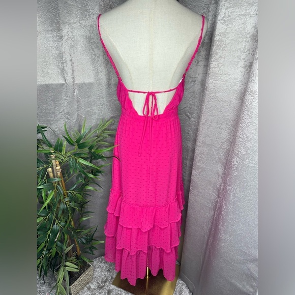 Lulus Tiers and Applause Hot Pink Swiss Dot Tie-Back Tiered Midi Dress Sz S - Picture 9 of 13